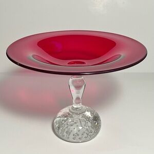 PAIRPOINT RUBY RED COMPOTE / Rare Clear Stem / Controlled Bubble Ball Base / MCM